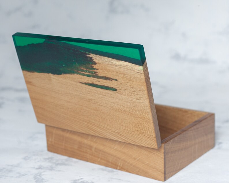 Personalized Oak Jewelry Box With Emerald Resin Wood Storage