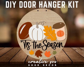 Tis The Season Fall DIY Door Hanger Kit | Coffee Lover Door Sign | Laser Cut Wood Craft Kit | Fall | DIY Autumn Decor | Unfinished Paint Kit