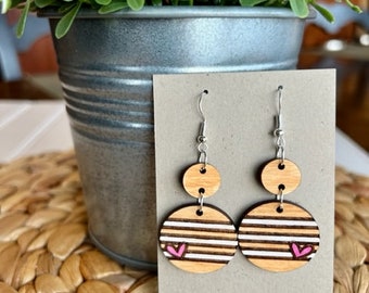 Wood Earrings | Double Circle Dangle | Hand Painted | Valentine's Day | Heart & Stripe| Handmade Jewelry | Lightweight Birch
