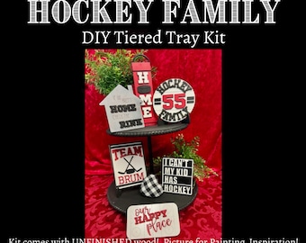 DIY Hockey Mom Tiered Tray Kit | Mini Signs | Coffee Bar Decor | Tiered Tray Set |Paint Your Own Wooden Tiered Tray Set | Wood Craft Kit