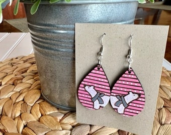 Wood Earrings | Tear Drop | Hand Painted | Valentine's Day | Polar Bears with Scarves | Handmade Jewelry | Lightweight Birch
