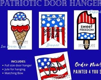 Pre-Painted Patriotic Door Hanger | Ice Cream Cone - Popsicle - Wavy Flag - Banner