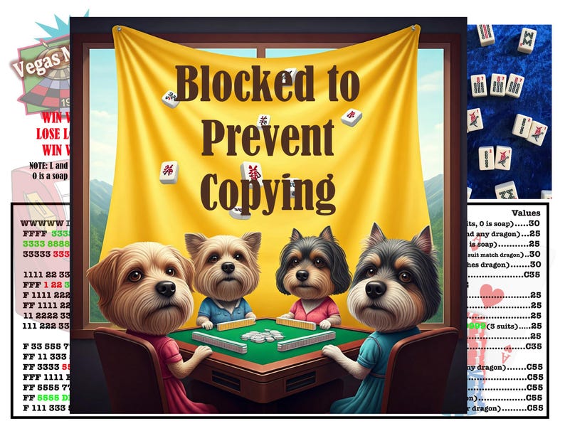 K&ouml;nnte beinhalten: Vier Hunde spielen Mahjong. Die Hunde sitzen an einem gr&uuml;nen Tisch mit wei&szlig;en Spielsteinen. Der Tisch ist mit einem gelben Tuch bedeckt, auf dem die Worte "Blockiert, um Kopieren zu verhindern" stehen. Das Bild ist eine humorvolle Interpretation des beliebten chinesischen Spiels.