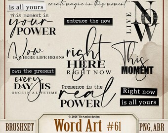 Op de afbeelding: Een digitale woordkunst-brushset met zinnen als "Right Now" en "Moment". Het ontwerp bevat verschillende lettertypen en stijlen, met een neutraal kleurenpalet. De set is voor Photoshop- en Procreate-penselen.