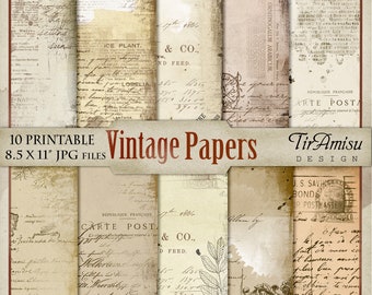 May include: Ten printable vintage papers in a digital download. The papers feature a variety of textures and designs, including handwritten text, floral motifs, and old maps. The papers are perfect for scrapbooking, card making, and other crafting projects.