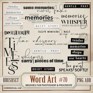 May include: A digital art design featuring various text elements related to memories and time. The words include "memories," "whisper," "tender," and "quiet story." The design is labeled "Word Art #70" and is intended for use with Photoshop and Procreate.