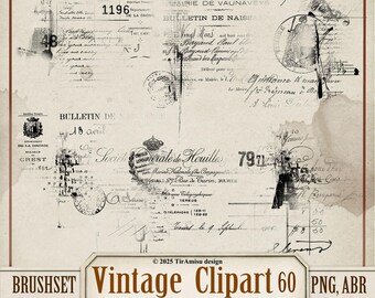May include: Vintage clipart brushset featuring aged paper textures, stamps, and handwritten script. The design includes the text "Vintage Clipart 60 PNG, ABR" and "Photoshop, Procreate Brushes". Ideal for digital scrapbooking and design projects.