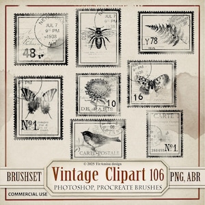 Vintage Postal Stamps Digital Clipart & Brush Pack| PNG, Brushset Stamp ...