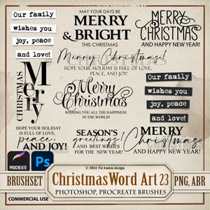 Arte de palabras navideñas, imágenes prediseñadas PNG digitales de palabras para diario/conjunto de pinceles Procreate/pinceles ABR de Photoshop/superposición imprimible, sello, cita, wa 23