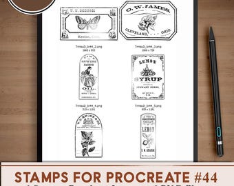 Vecchie etichette, timbri vintage per Procreate/ Clipart digitali PNG/ Pacchetto pennelli per Photoshop/ Sovrapposizioni grunge per scrapbooking, junk journal/ BR44