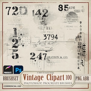 Clipart numérique vintage chiffres PNG | Pinceau Photoshop ABR| Jeu de pinceaux pour tampon Procreate| Superposition d'autocollants pour journal indésirable | 100 br