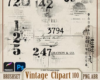 Vintage Numbers Digital Stamp PNG Clipart | Photoshop Brush ABR| Procreate Brushset| Printable Grange Sticker, Transfer, Overlay| br100