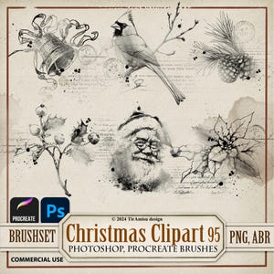 Kerst vintage digitale clipart PNG| Voortplantingspenselen| Vakantie Photoshop-penseel ABR| Afdrukbare stempel, transfer, sticker, overlay| BR 95