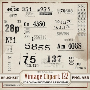 May include: Vintage clipart design featuring various numbers, dates, and text fragments in a distressed, aged style. The design includes the text "Vintage Clipart: 122" and is suitable for use in Canva, Photoshop, and Procreate projects. The color palette is primarily beige and black.