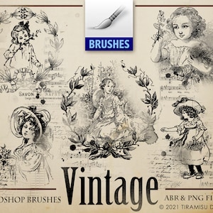 Selo digital feminino vintage, pincel vintage para meninas Photoshop ABR, clipart digital imprimível vintage PNG, Junk Journal Ephemera, BR41