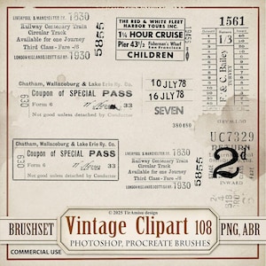 May include: A collage of vintage ephemera, including train tickets, coupons, and a harbor tour advertisement. The design features aged paper textures, various fonts, and the text "Vintage Clipart 108 PNG, ABR".