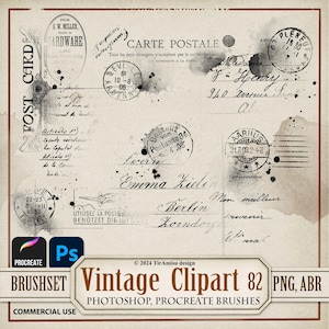 Sello postal antiguo, carta manuscrita, clipart digital PNG/Pincel de Photoshop ABR/Conjunto de pinceles de Procreate/Pegatina, sello, superposición imprimible/br 82