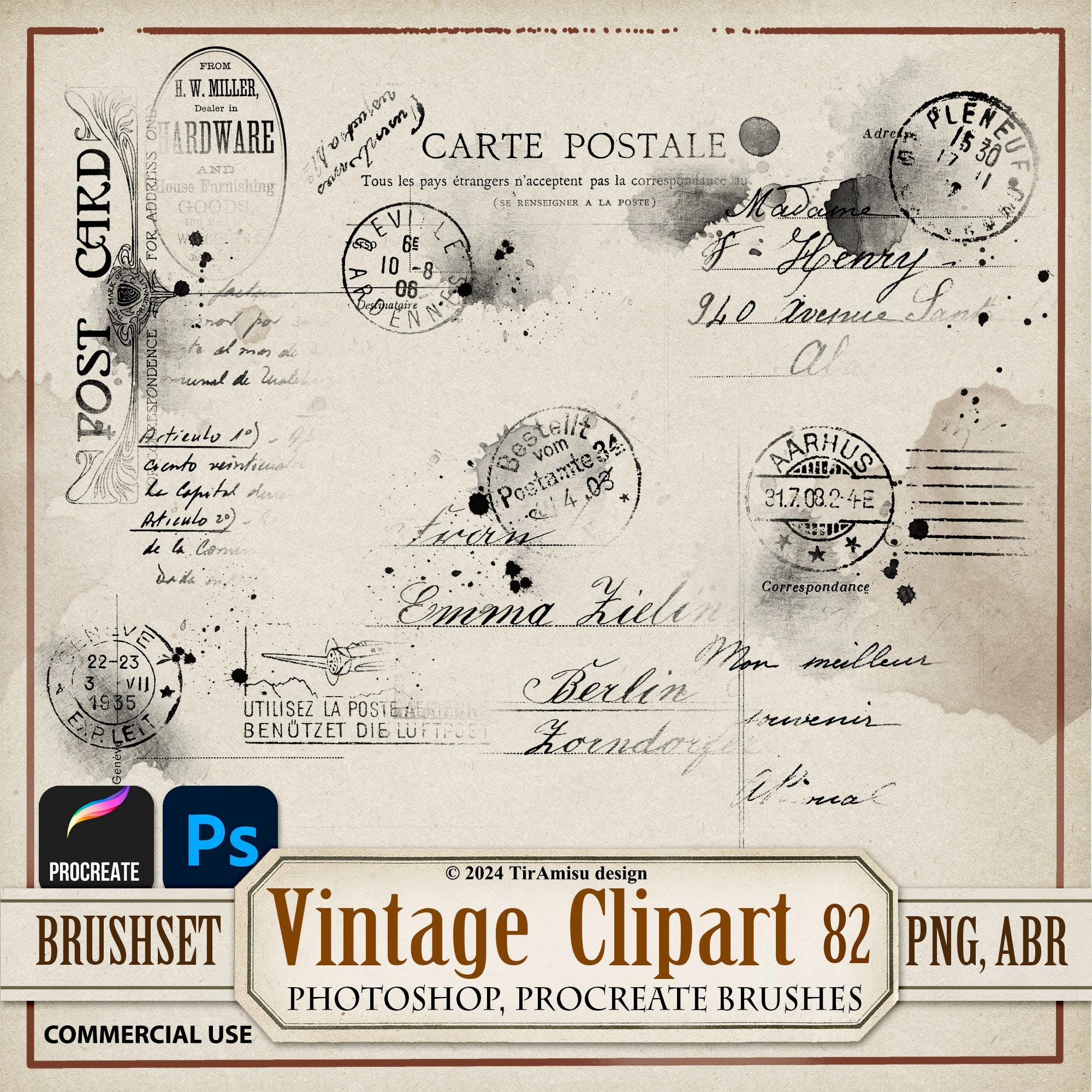 Vintage Post Stamp Handwritten Letter Digital Clipart PNG| Photoshop Brush ABR| Procreate Brushset| Printable Sticker, Stamp, Overlay| br 82