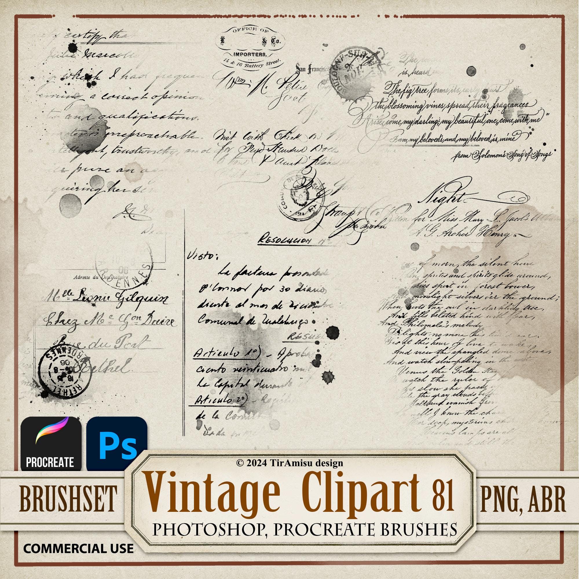 Vintage Handwritting Calligraphy With Stamps Digital Clipart PNG| Procreate Brush Stamp| Photoshop Brush ABR| Printable Sticker, Overlay| 81
