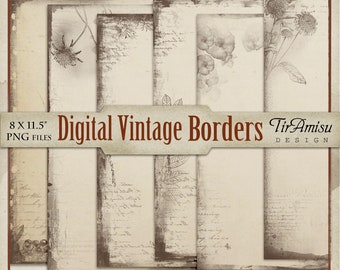 May include: Set of four digital vintage borders in brown and white with floral and leaf designs. The borders are 8 x 11.5 inches and are PNG files. The text "Digital Vintage Borders" and "TirAmisu DESIGN" is included in the image.