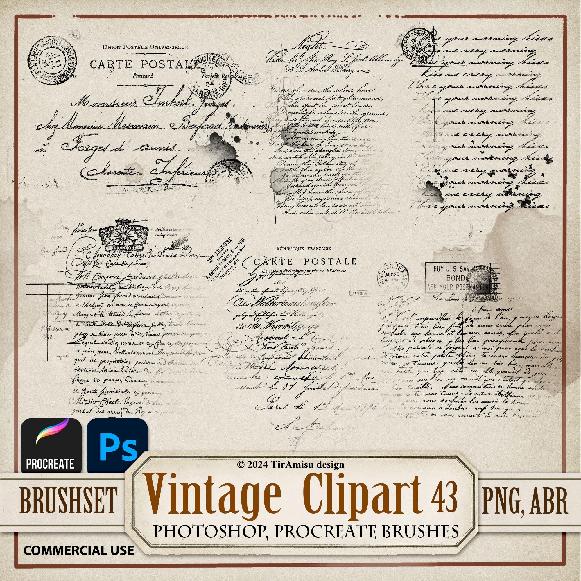 Vintage Handwritten Letter Digital Clipart PNG| Photoshop Brush ABR| Procreate Stamp Brushset| Printable Junk Journal Sticker, Overlay| 43