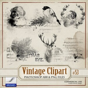 Clipart digital de Natal vintage PNG, Photoshop de férias, Pincel Procreate ABR, Carimbo digital de Papai Noel, Diário de lixo para impressão, BR 53