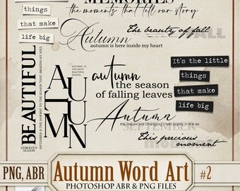 Autumn Art Journaling Words Digital PNG Clipart, Fall Photoshop Brush ABR, Overlays, Junk Journal Printable Text Stamps, Quotes Labels, wa2