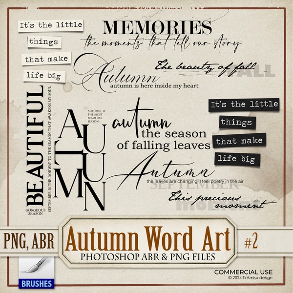 Autumn Art Journaling Words Digital PNG Clipart, Fall Photoshop Brush ABR, Overlays, Junk Journal Printable Text Stamps, Quotes Labels, wa2
