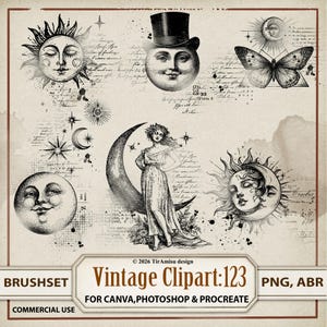 May include: A digital collection of vintage-style black and white illustrations featuring a sun with a face, a moon in a top hat, a butterfly, a person standing on a crescent moon, and celestial motifs set against a textured parchment background.