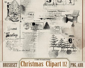 Clipart e pennello digitali grunge natalizi / PNG, set di pennelli per timbri per Procrete, ABR per Photoshop / adesivo per diario vintage natalizio / BR112