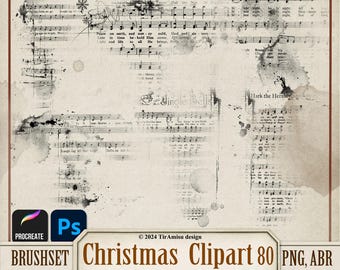 Vintage Christmas Notes Digital Clipart PNG| Procreate Stamp Brushset| Holiday Photoshop Brush ABR| Printable Scrapbook Overlay, Sticker| 80