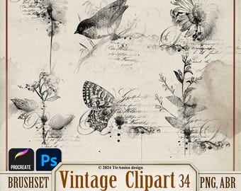 Vintage Floral Digital Clipart PNG| Procreate Stamp Brushset| Photoshop Brush ABR| Botanical Transfer, Printable Bird Sticker, Overlay| BR34