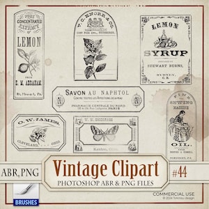 Etiqueta antiga vintage clipart digital PNG, sobreposição, pincéis do Photoshop arquivo ABR, carimbos de letras manuscritas vintage em preto e branco, br-44
