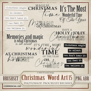 Paquete de imágenes prediseñadas y pinceles digitales de arte de palabras navideñas / PNG, conjunto de pinceles de sellos para Procreate, ABR para Photoshop / Texto festivo con cita, superposición / wa15