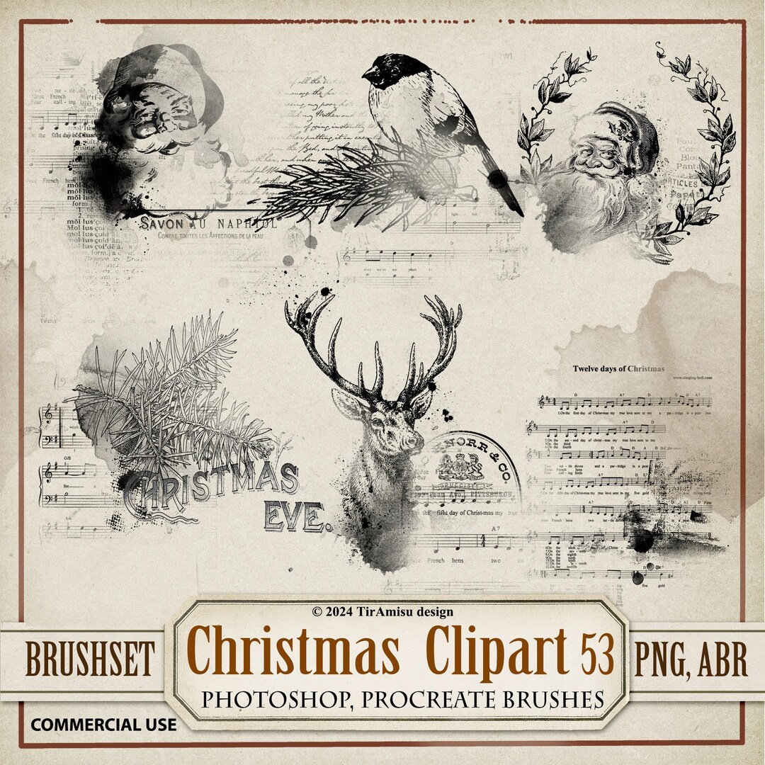 Vintage Christmas Digital Clipart & Brush Pack| PNG, Stamp Brushset for ...