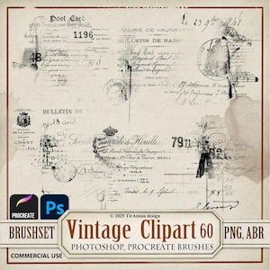 Clipart digital manuscrito vintage PNG| Conjunto de pincéis de carimbo Procreate| Pincel Photoshop ABR| Adesivo de diário de lixo para impressão, sobreposição| br 60