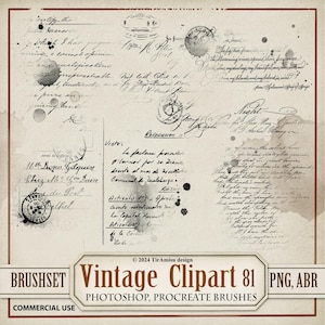 Clipart digital vintage com caligrafia em PNG | Pacote de carimbos e pincéis grunge para Procreate e Photoshop | Sobreposições para diários de arte e criação de cartões | BR81