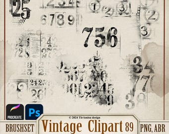 Vintage Numbers  Digital Stamp PNG File| Photoshop Brush ABR| Procreate Brushset| Printable Clipart, Sticker, Transfer, Overlay| br89