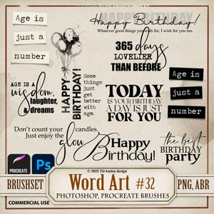 Birthday Inspirational Word Art Digital PNG Clipart| Photoshop Brush ABR| Procreate Stamp Brushset|  Printable Scrapbook Text Sticker| WA32