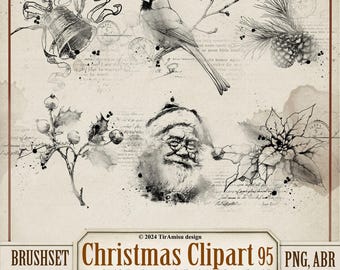Pacchetto di pennelli e clipart digitali vintage natalizi/PNG, set di pennelli per timbri per Procreate, ABR per Photoshop/sovrapposizione per album di ritagli grunge natalizi/BR95