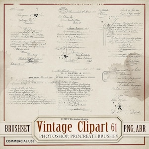 May include: A collection of vintage documents with handwritten text, stamps, and ink splatters. The image includes the text "Vintage Clipart 61 PNG, ABR" and "Photoshop, Procreate Brushes". The design is suitable for commercial use.