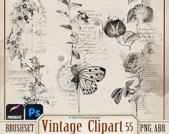 Vintage Botanical Digital PNG Clipart| Photoshop Brush ABR| Procreate Brushset| Floral Printable Sticker, Overlay, Stamp, Transfer| BR55