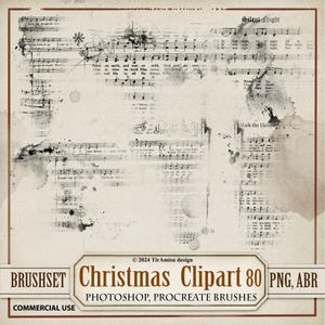 Vintage Christmas Notes Digital Clipart & Brush Pack| PNG, Stamp Brushset for Procreate, ABR for Photoshop| Holiday Overlay, Sticker| BR80