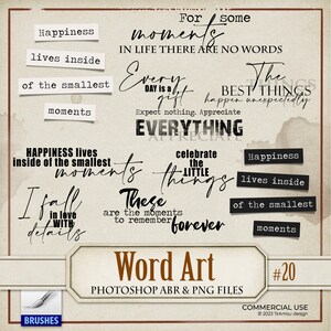 Inspirierende Journaling-Wortkunst, digitale PNG-Clipart, Photoshop-Pinsel ABR, Overlay, Junk-Journal, druckbare Textstempel, Zitate, Etiketten, 20