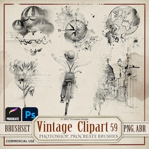 Vintage reizen digitale png-clipart| Photoshop-penseel ABR| Stempelborstel voortplanten|  Droomafdrukbare Bullet Journal-sticker, grafisch| BR59