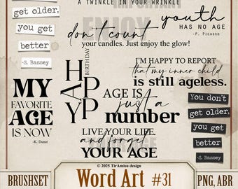 Geburtstag Word Art Digital Clipart & Brush Pack | PNG, Stempel Brushset für Procreate, ABR für Photoshop| Journaling Text Zitat, Label | WA31