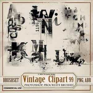 Vintage Alpha Digital Clipart & Brush Pack| PNG, Stamp Brushset For Procreate, ABR for Photoshop| Grunge Art Journal Overlay, Sticker| BR99