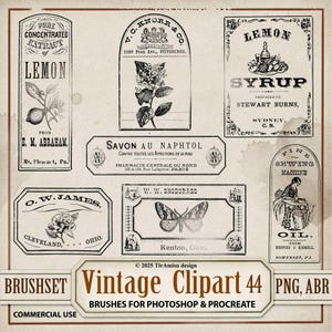 May include: A collection of vintage-style clipart labels with botanical and product illustrations. The labels feature text such as "Lemon Syrup," "Savon au Naphtol," and "Fine Sewing Machine." The color palette is primarily sepia tones.