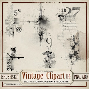 Op de afbeelding: Vintage clipartset met grunge texturen, cijfers en botanische illustraties. Het ontwerp bevat spetters, tekstfragmenten en een paddenstoelafbeelding. De set is getiteld "Vintage Clipart 114" en is voor Photoshop en Procreate.