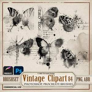 ビンテージ バタフライ デジタル クリップアート PNG| Procreate スタンプ ブラシセット| Photoshop ブラシ ABR| 印刷可能なステッカー、転写、ジャンク ジャーナル オーバーレイ| 84